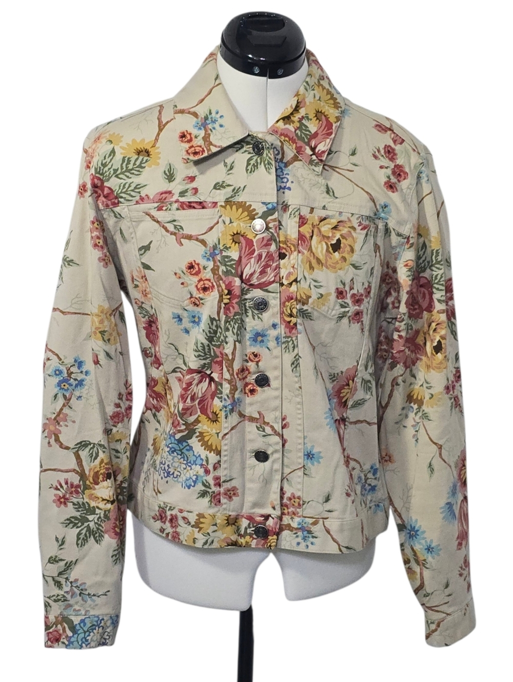VTG Harolds Floral Denim Jacket Boho Cottagecore Botanical Jean Jacket Size Lg
